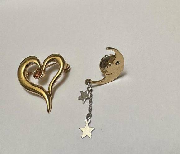 The Moon Lot Of 2 Signed Avon Gold Tone Brooch / Lapel Pin Heart / 