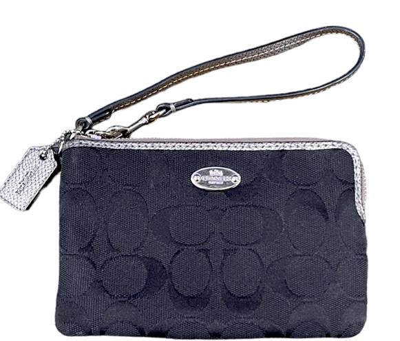 Coach Black Monogram Wristlet Black & Silver