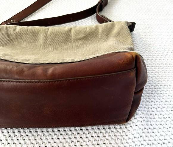 L.L.Bean  Khaki Waxed Canvas Brown Leather Trim Bottom Adjustable Crossbody Bag