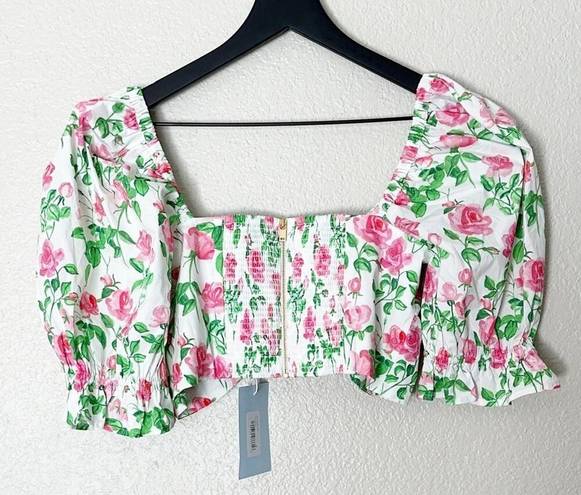 Hill House  The Isabella Top Pink Roses Poplin Puff Sleeve Tie Front Floral