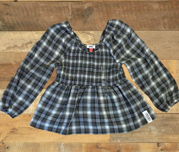 Tommy Hilfiger Tommy Jeans Womens Size Medium Plaid Peplum Smocked Top •Scoop Neck Long Sleeves