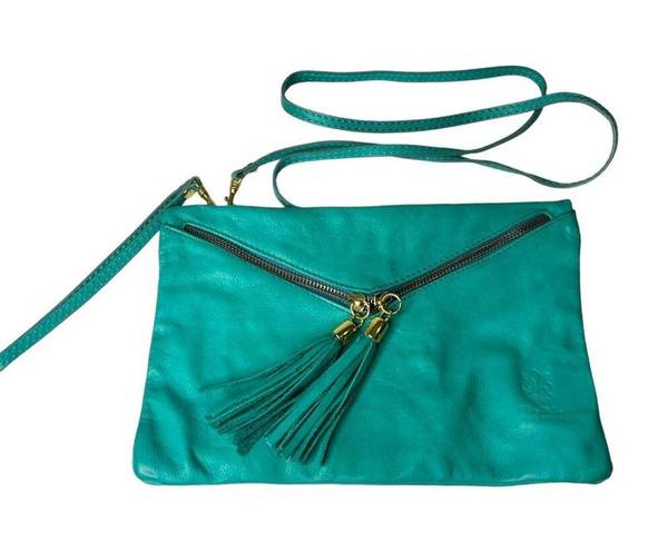 Vera Pelle VTG  Italian LEATHER HANDBAG Teal Crossbody Shoulder Wristlet Clutch!