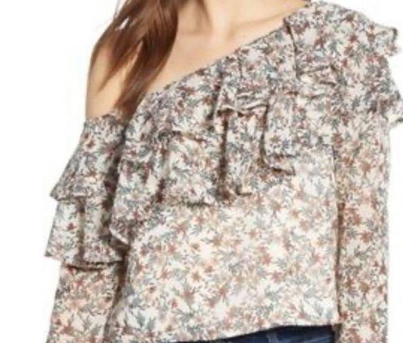 Rebecca Minkoff  floral asymmetrical shoulder long sleeve blouse w/ruffle - sz S