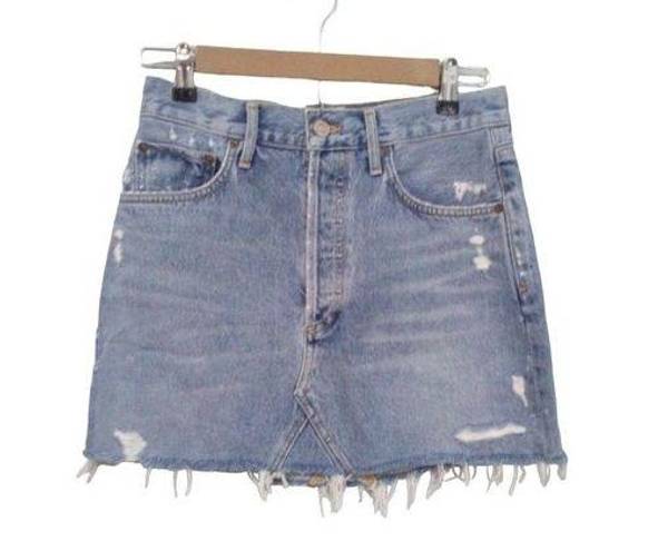 AGOLDE  light wash distressed frayed festival denim button fly mini skirt size 27