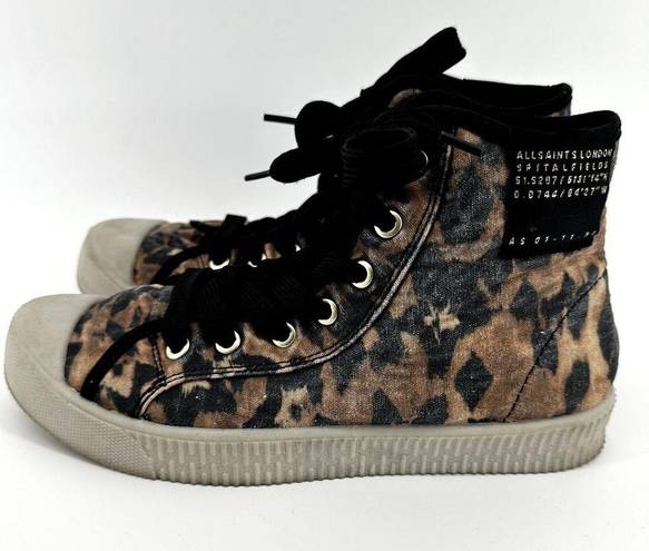 ALLSAINTS  Demmy Celia High Top Sneakers Leopard Canvas Round Toe Tan Black US 8