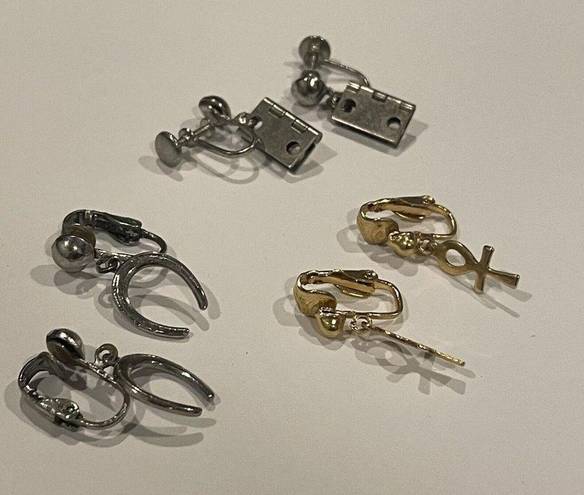 Gold Hinge Lot Of 3 Fun Novelty Clip On Screw On Earrings Dangle- Door Hinge Horseshoe Etc