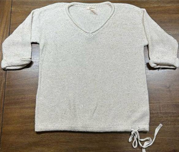 DKNY Womens Sequin V-Neck Sweater 3/4 Sleeve & Drawstring Waistband Beige Size S