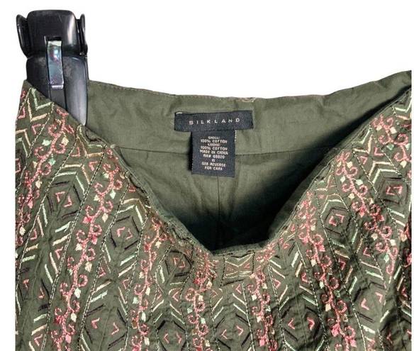 Silkland Olive Green Lined Skirt w Multicolored Embroidered Pattern Wm 6