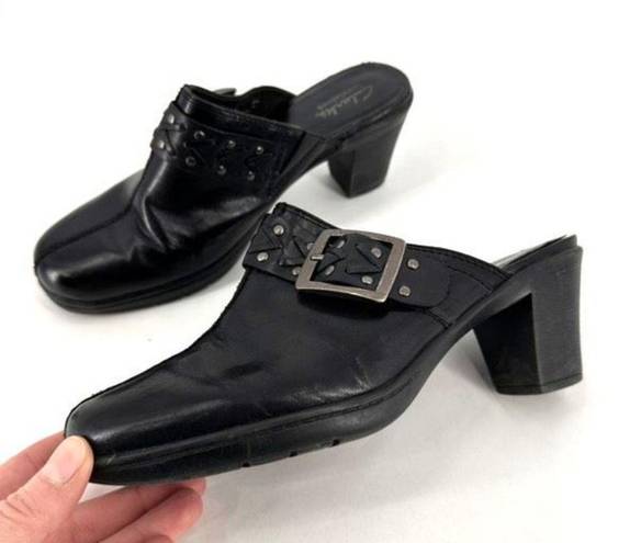 Clarks  Women's Leather Slip-On Bendables Buckle Studded Mule Shoes Black Size 8M