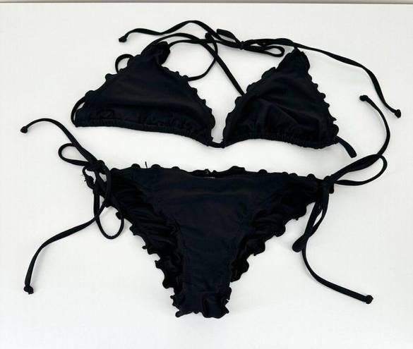 Relleciga  Bikini Womens Small Black Ruffle Triangle Swim Suit Strappy Tie Solid