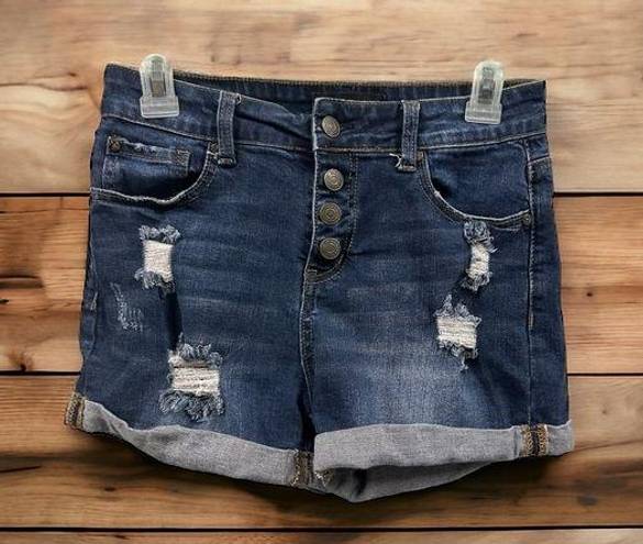 Pacific&Co Enjean Denim  Button Fly 10 Inch Rise Distressed Cuffed Blue Jean Shorts Sz M