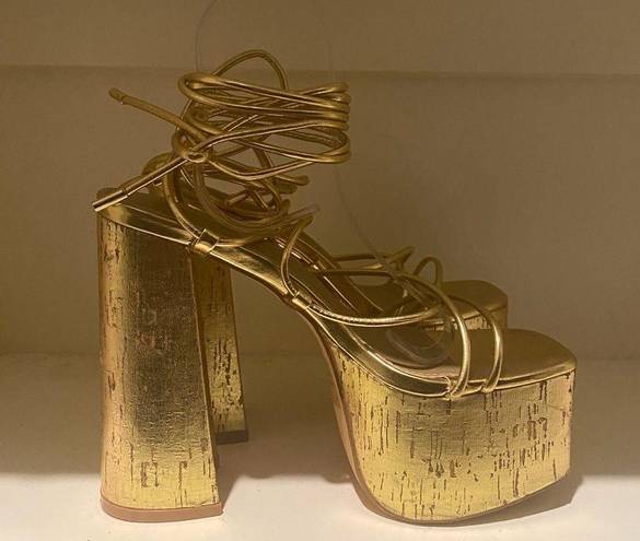 EGO  rustic cork like gold platform straps wrap around ankle sandal shoes