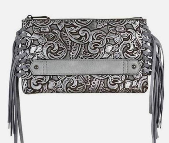 Justin Boots JUSTIN Leather Tooled Silver Clutch Bag with Frimge