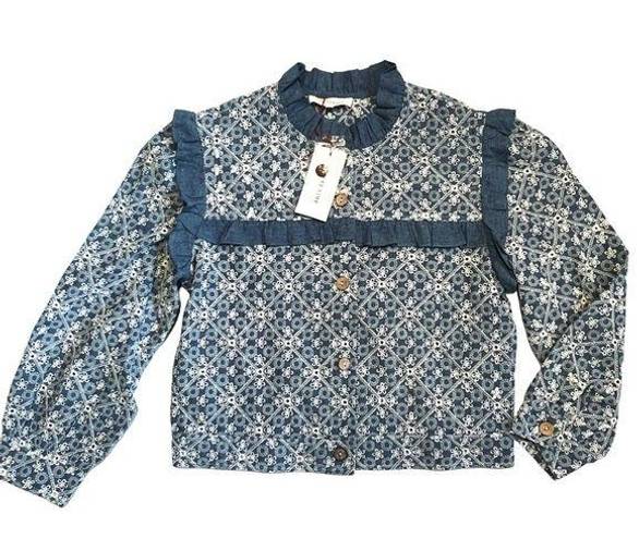 Solitaire  Women’s Sz L NEW Denim Floral Ruffle Eyelet Lace Cropped Shirt Jacket