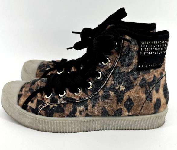 ALLSAINTS  Demmy Celia High Top Sneakers Leopard Canvas Round Toe Tan Black US 8