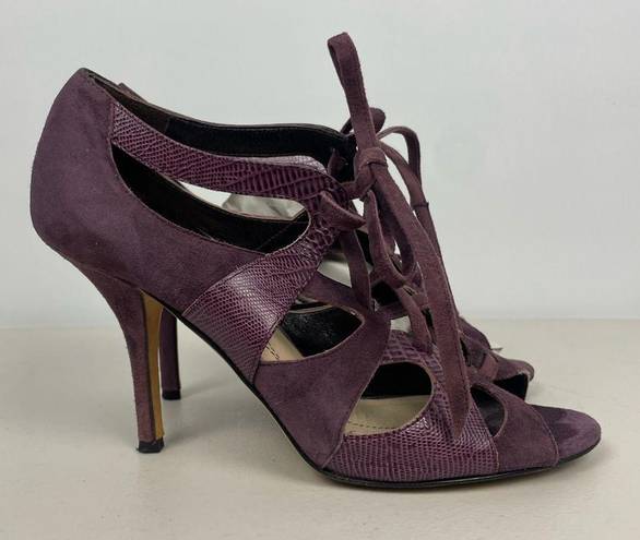 Kate Spade Eggplant Purple Chad Suede Leather Lizard Print Lace Up Open Toe Heel