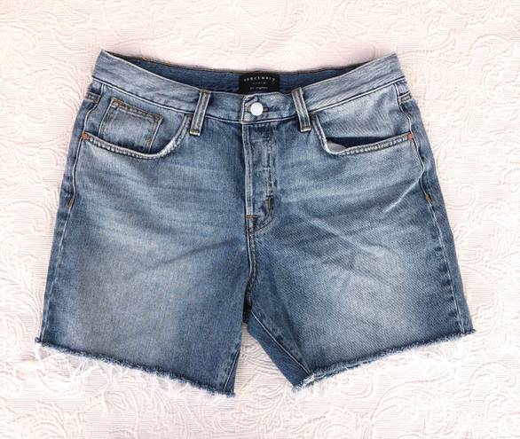 Sanctuary Comfort Rigid High Waisted Hidden Button Fly Raw Hem Denim Shorts