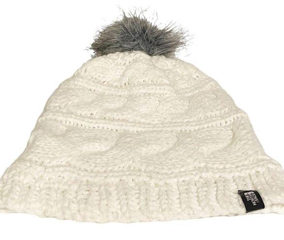 The North Face  Womans White Cable Thick Knit Pom Pom Beanie Hat