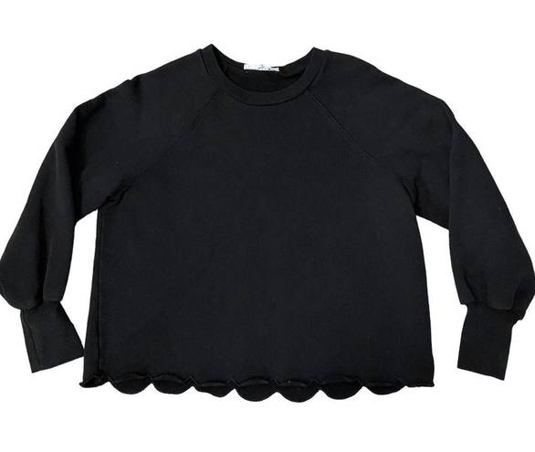 Frame  Womens Scalloped Lettuce Hem Pullover Sweatshirt Long Sleeve Black Medium