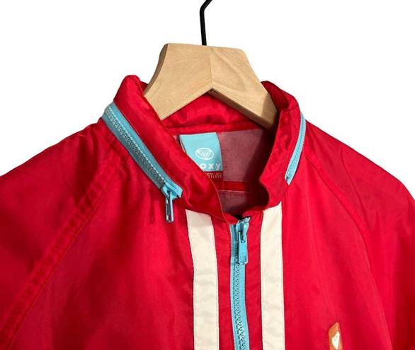 Roxy Quiksilver Red Striped Long Sleeve Windbreaker Jacket w/ Packable Hood Sz S