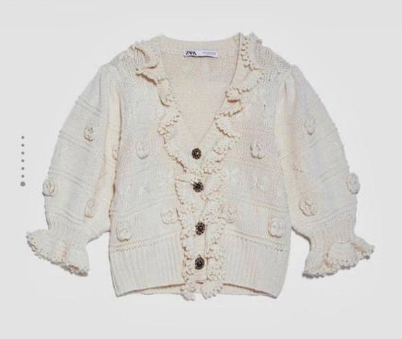 ZARA  NWOT Ruffled Floral Gem Button Down Knit Cardigan Sweater in Ivory Cream