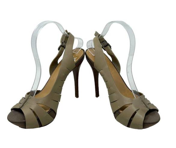 L.A.M.B. Kam Taupe Platform Slingback Wooden Heels Sandals Size 9.5