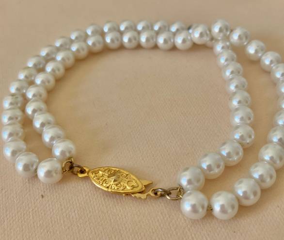 Vintage “Ariadne” Two Stand White Pearl Bracelet Gold Marquise Fishhook Classic