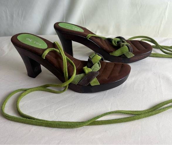 Me Too  Lace Up Heels Suede Leather Wood Block Heel Green Brown Boho Fairy 8.5