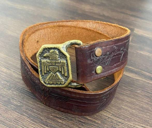 Vintage brown tooled leather western brass clasp belt