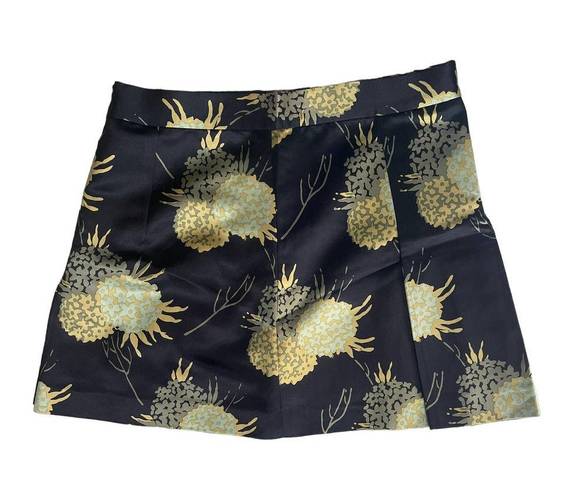 Jill Stuart  A-Line Pleated Mini Skirt in Dark Floral Yellow Black Silk Size 4