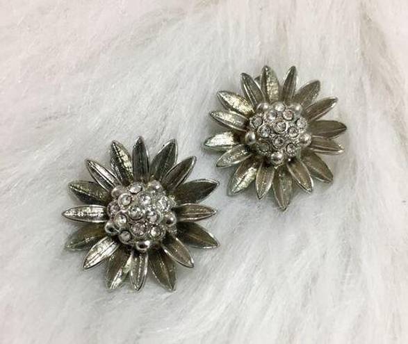 Daisy Silver tone & rhinestone floral earrings, sunflower aster  flower jewelry