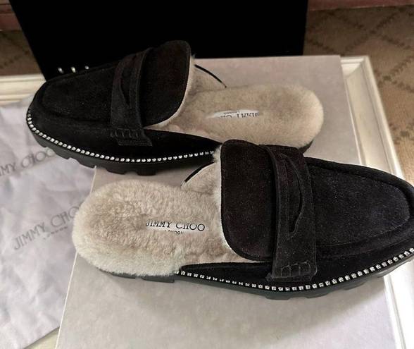 Jimmy Choo  Black Suede fur lined Ramona Shoe slide w crystals 39.5 NIB