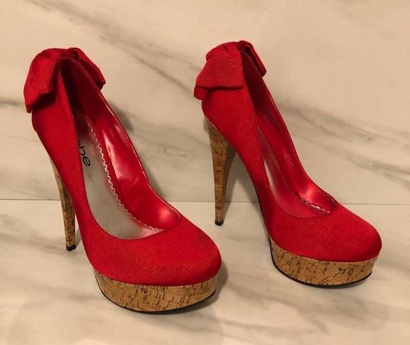 Bebe  Stiletto High Heels Kahilia Ruby Red Size 8 Platform Cork Bow Formal