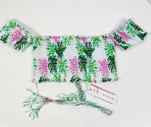 PilyQ  Flamingo Off Shoulder Smocked Bikini Top Size Large L NWT