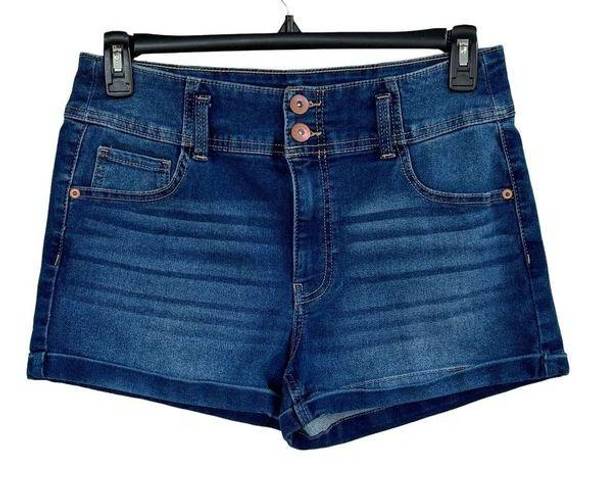 No Bo  Juniors SZ 15 Jean Shorts Cuffed Hems Whiskered Pocket Stretch Hi-Rise Blue