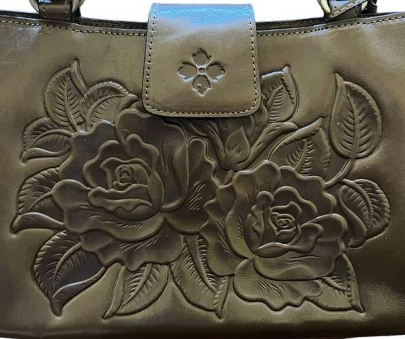 Patricia Nash  Rienzo Satchel Soft Olive Green Rose Tooled Leather Tassel Bag