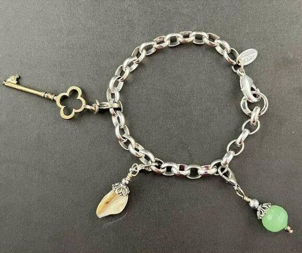 Origami Owl  Silver Tone Charm Bracelet 7” Key Green Bead Stone Charms A