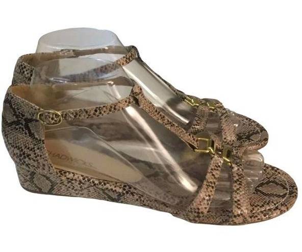 Chadwick's Womens  Brown Snake Print T Strap Wedge Low Heel Buckle Sandals Size 9M