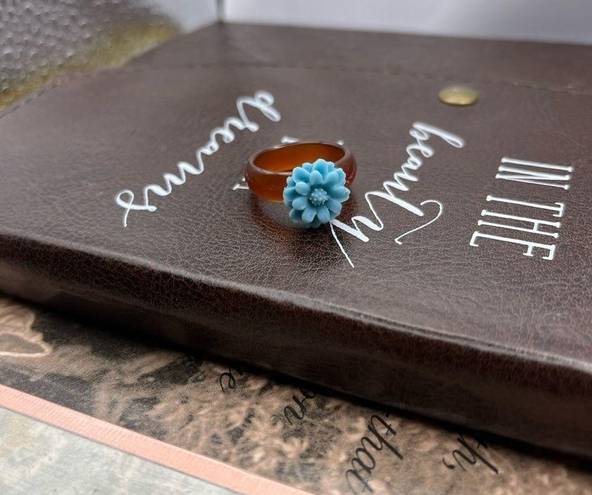 Daisy Baby Blue  Floral Brown Agate Bohemian Size 7 Ring