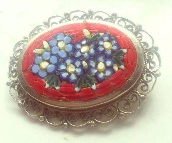 Vintage Italian floral mosaic. Miniature art piece Red