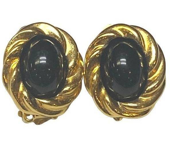 Edge KJL for Avon Vintage Earrings Clip on Gold Tone Black Cabochon Twisted 