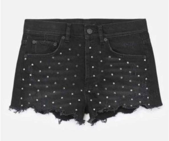 The Kooples  Studded Denim  Distressed Fray Cheeky Mini Shorts Black