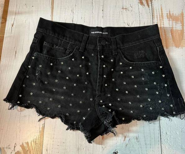 The Kooples  Studded Denim  Distressed Fray Cheeky Mini Shorts Black