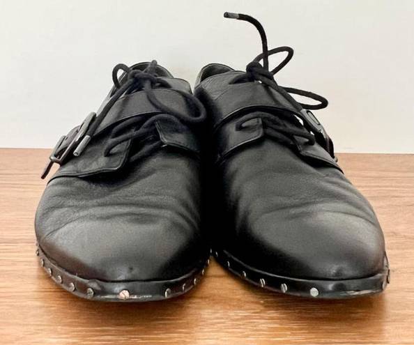 Via Spiga  Buckle Pointed Stud Lace up 'Ladonna' Loafers Black Womens Size US 9