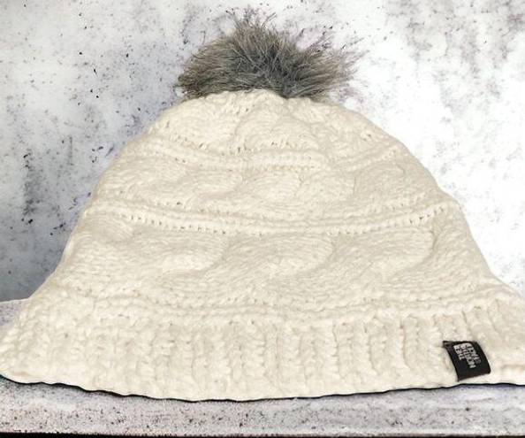 The North Face  Womans White Cable Thick Knit Pom Pom Beanie Hat