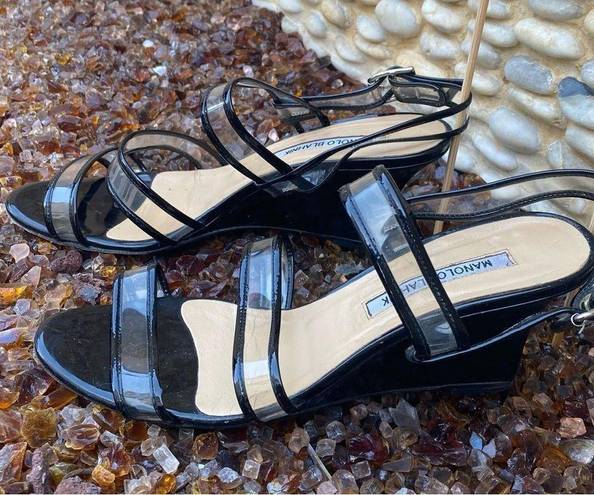 Manolo Blahnik  Black & Clear Patent Leather Wedge Sandals. Size 7.5 (38). EUC!