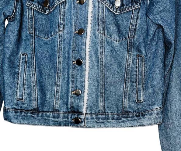 Haute Monde  Women's Denim Jacket, Faux Fur Hood Open Front Button Closure S NWOT