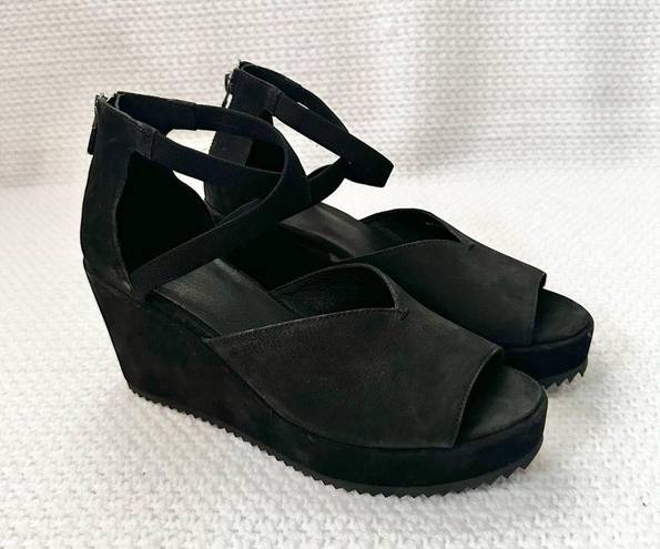 Eileen Fisher  Wylee Black Suede Peep Toe Platform Wedge Heel Sandals 7