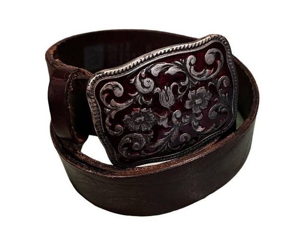 Gap  Brown Leather Ladies Belt, Red Enameled Floral Buckle, Sz S