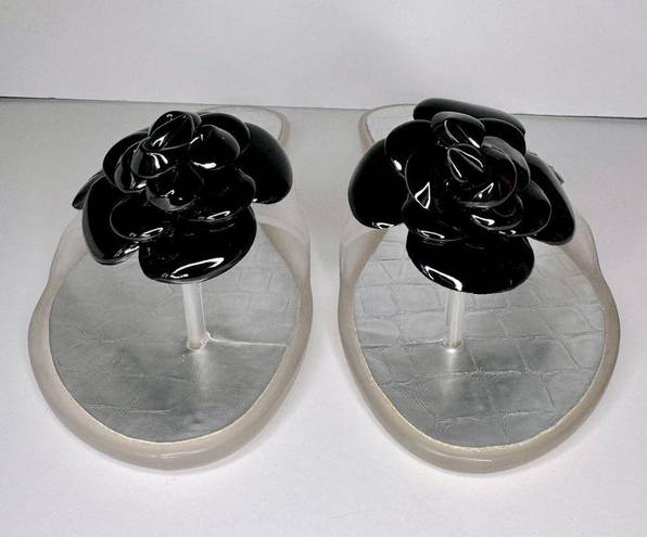 Stuart Weitzman Black Bloom Flower Jelly Flip Flop Sandals Size 8